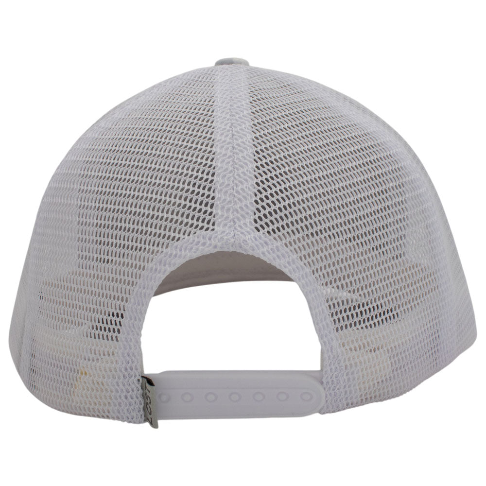 Back view of a white mesh trucker cap with a white adjustable strap.