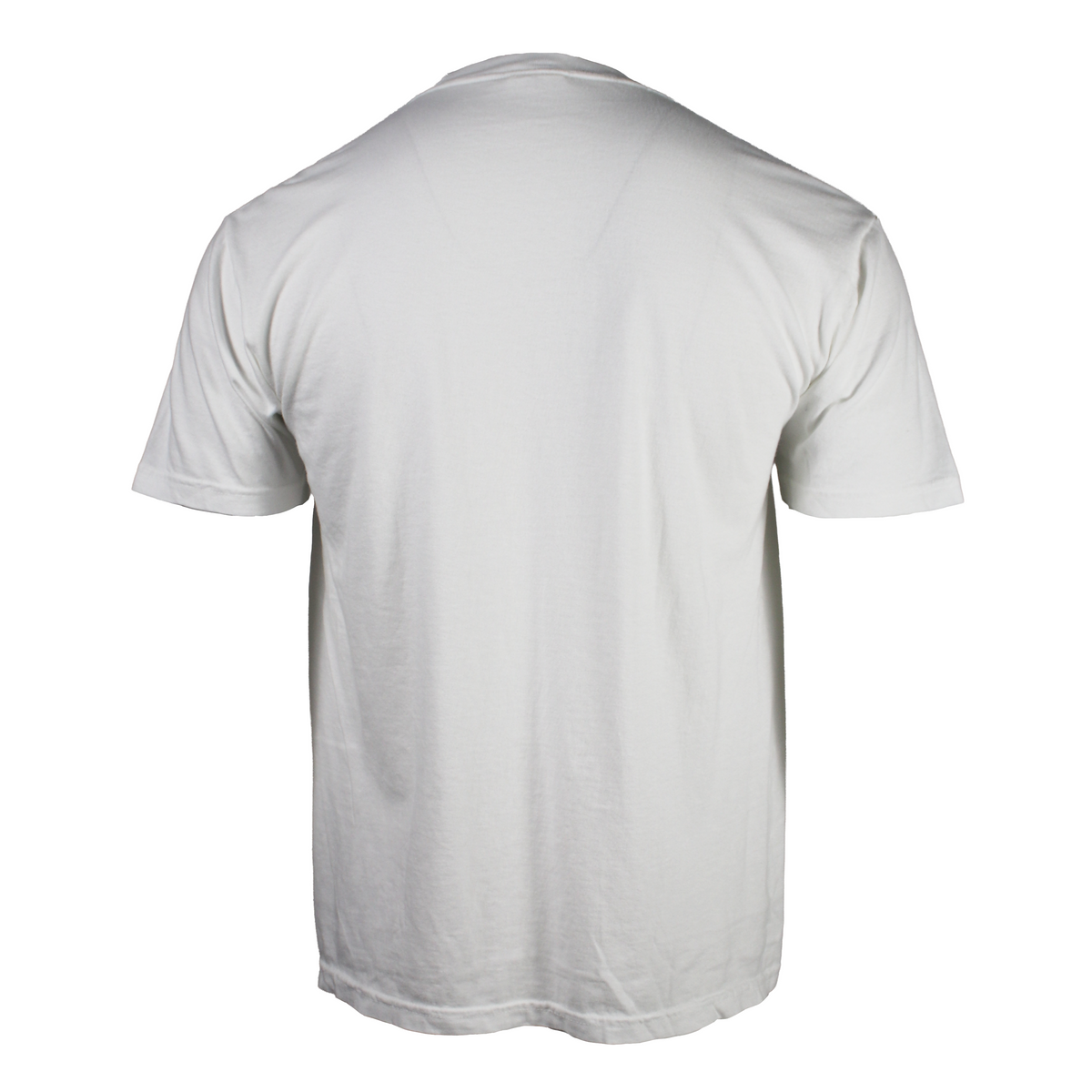 Back of a white t-shirt with short sleeves.