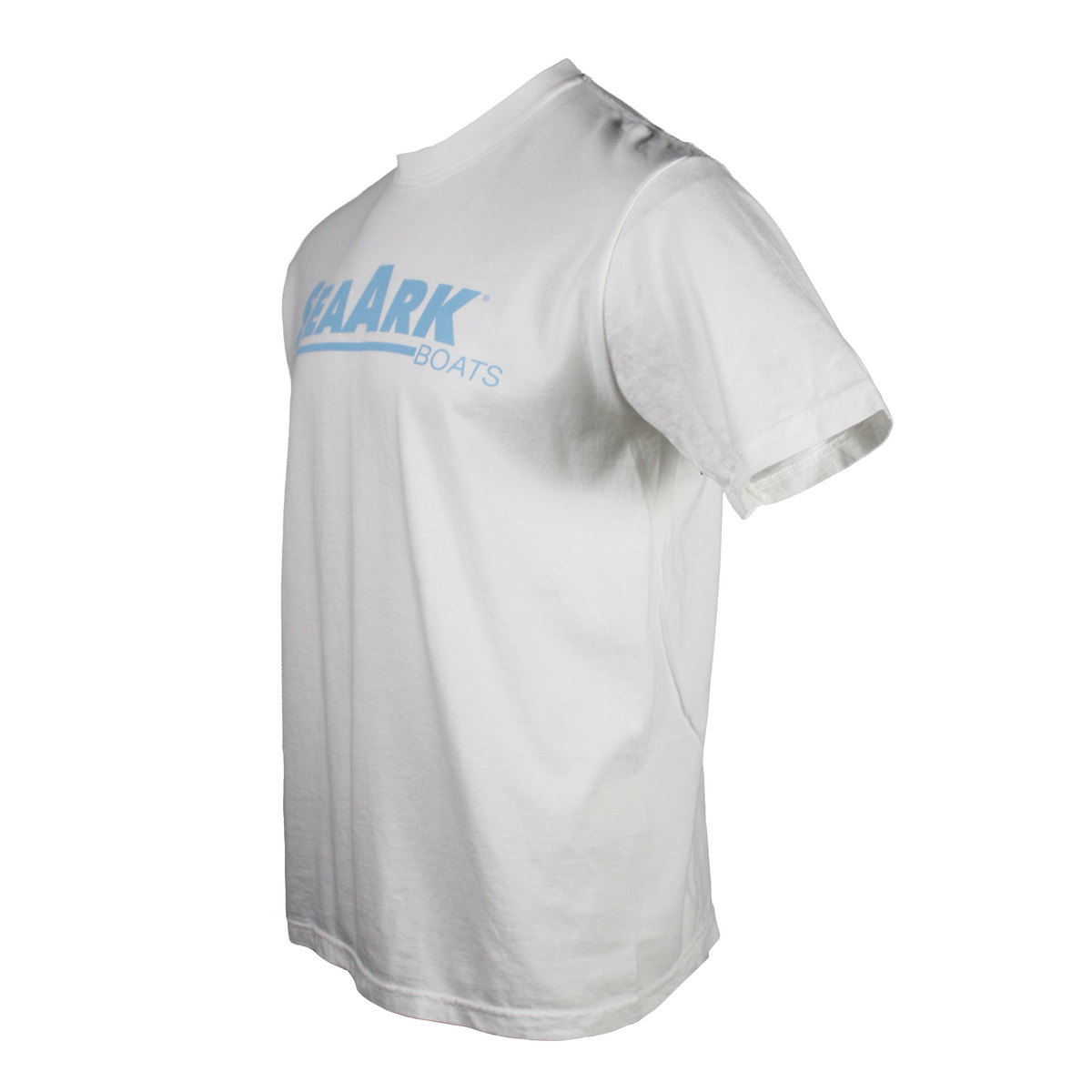 Side of a white t-shirt with a pale blue logo on the chest.