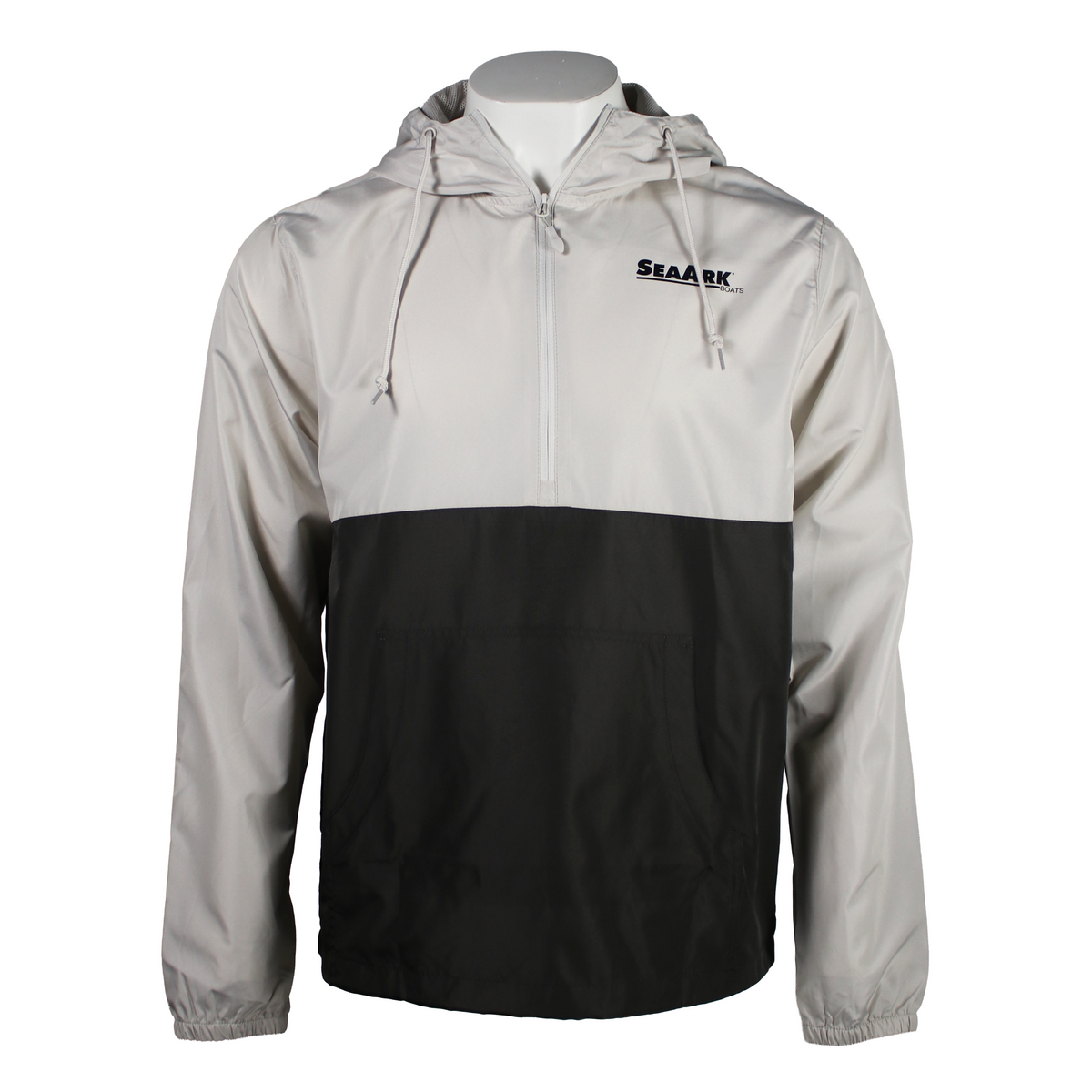 A colorblock hooded windbreaker jacket on a white mannequin torso. The jacket features a light gray upper section and sleeves, a solid black lower section, and a black 'SEA ARK' logo on the left chest.
