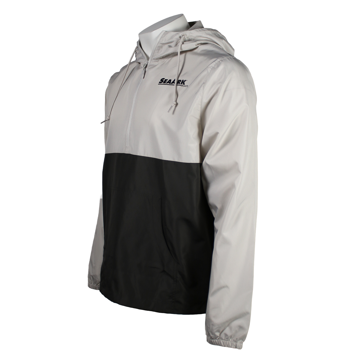 Side of a colorblock hooded windbreaker jacket with a light gray upper section and sleeves, a solid black lower section, and a black 'SEA ARK' logo on the left chest.