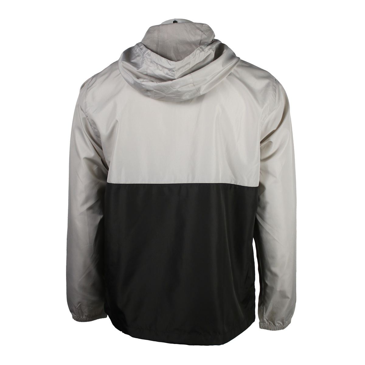 A colorblock hooded windbreaker jacket shown from the back, featuring a light gray upper section with a solid black lower section, set against a plain white background.