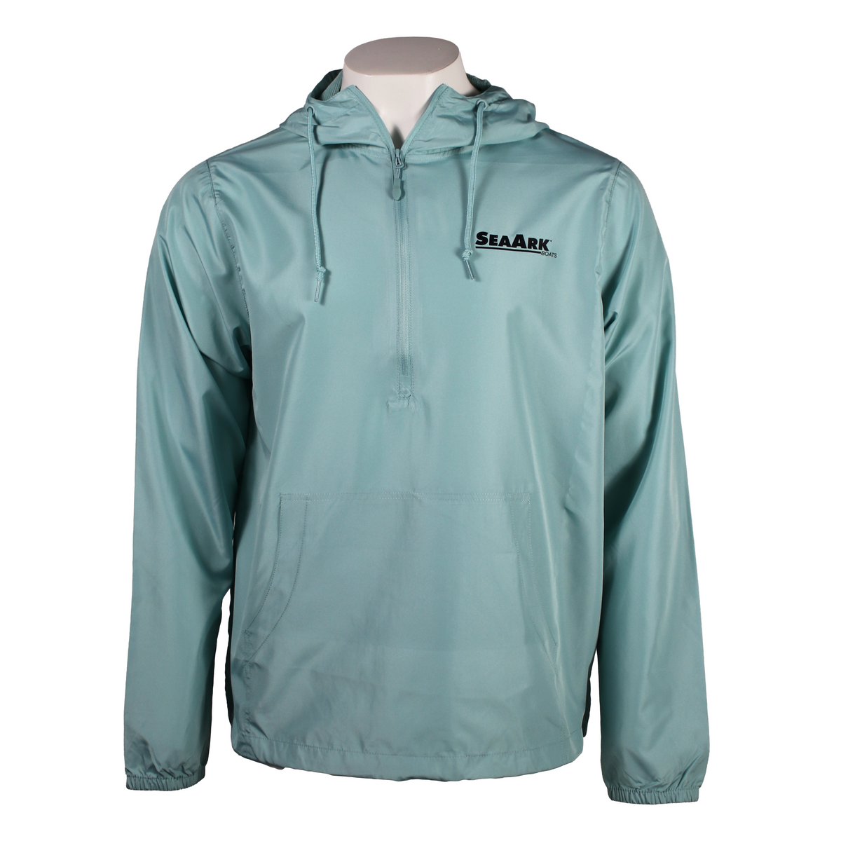 A light teal hooded windbreaker jacket on a white mannequin torso featuring a black 'SEA ARK' logo on the left chest.