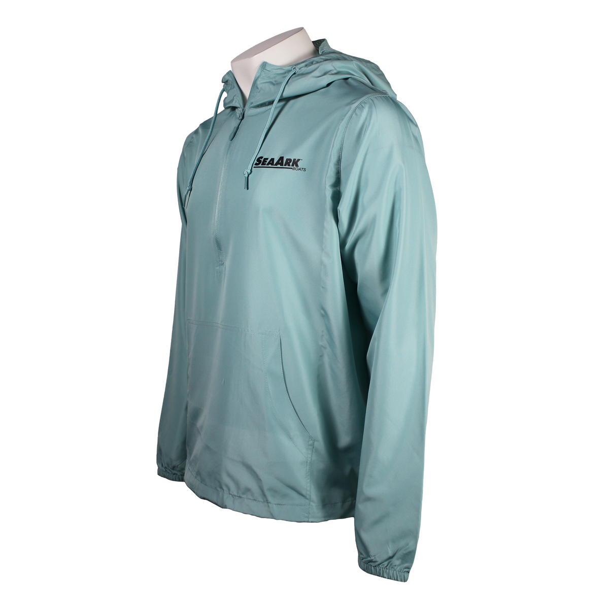 Side of a light teal hooded windbreaker jacket on a white mannequin torso featuring a black 'SEA ARK' logo on the left chest.