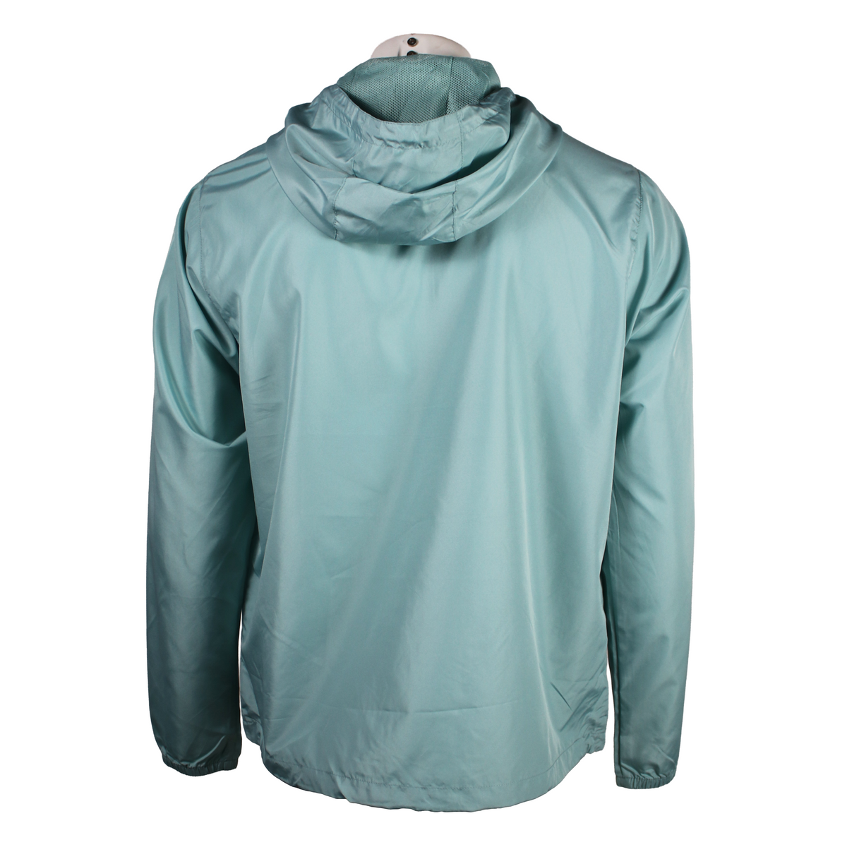 A light teal hooded jacket shown from the back on a mannequin torso against a plain white background.