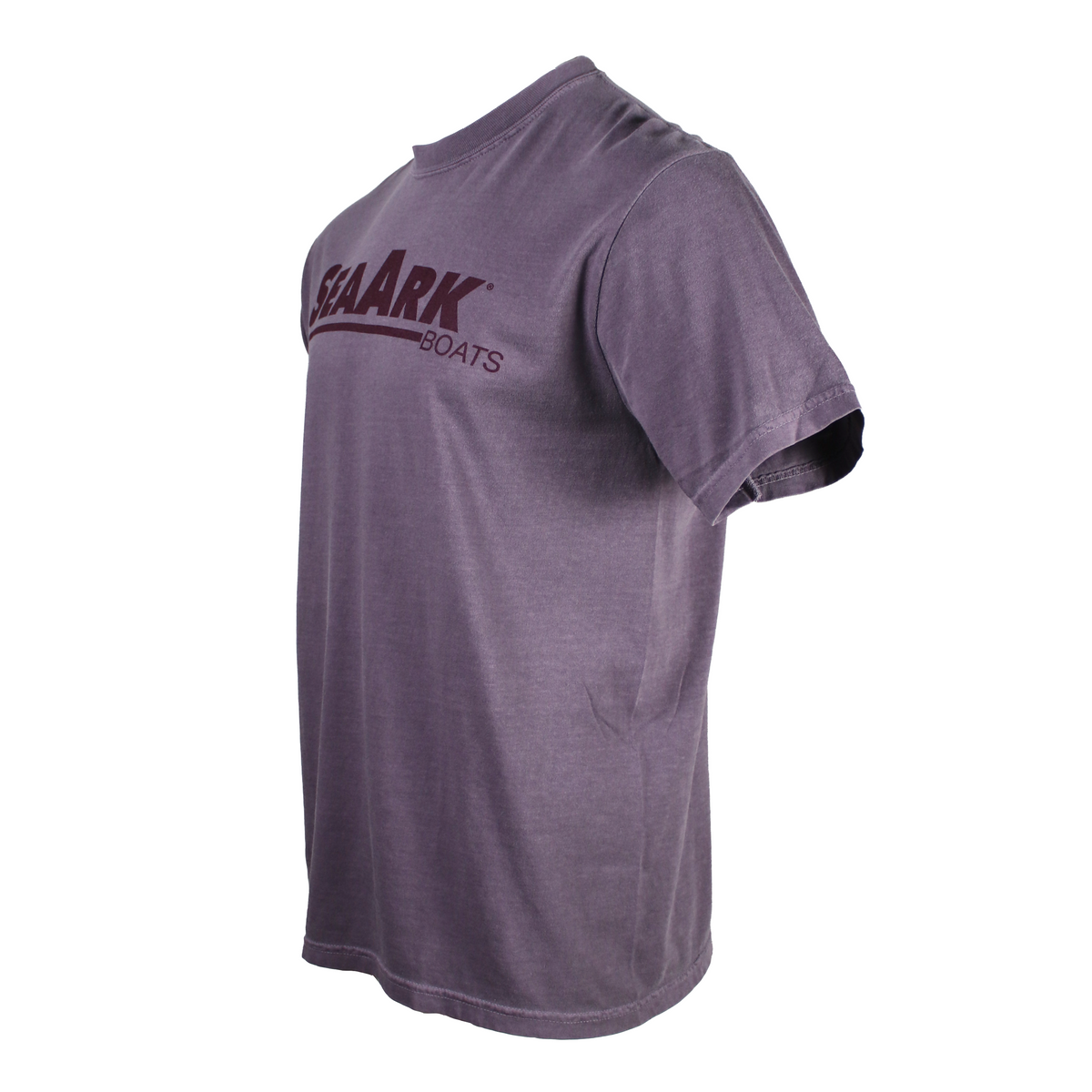 Side of a purple T-shirt with a dark purple Sea Ark logo printed on the chest.
