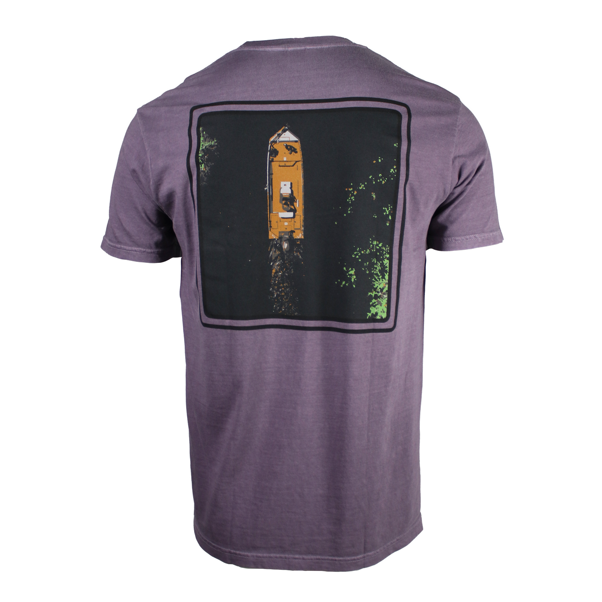 Back of a wine purple colored tee with a black square graphic of an orange boat on the water.