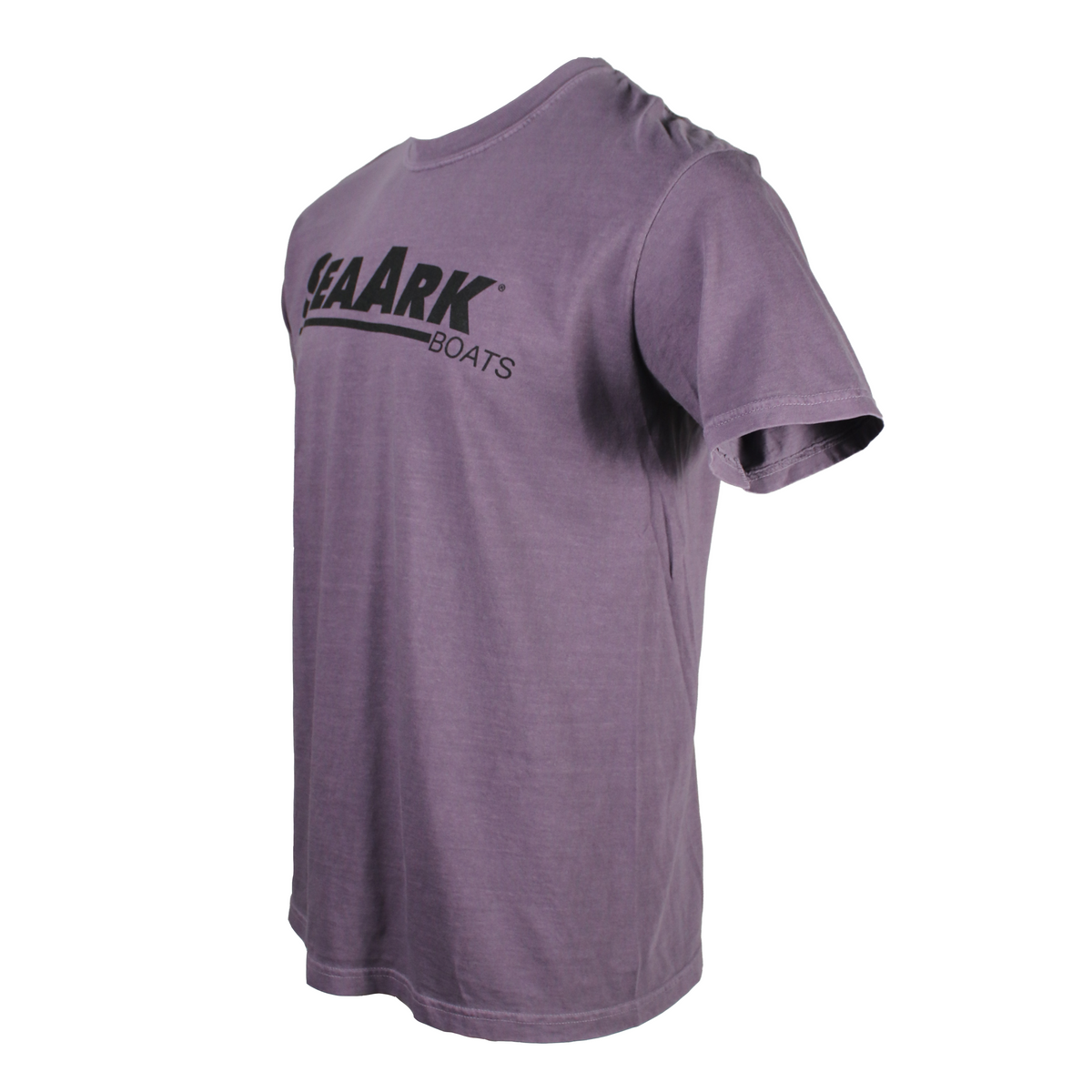 Side of a purple T-shirt with a dark purple Sea Ark logo on the chest.