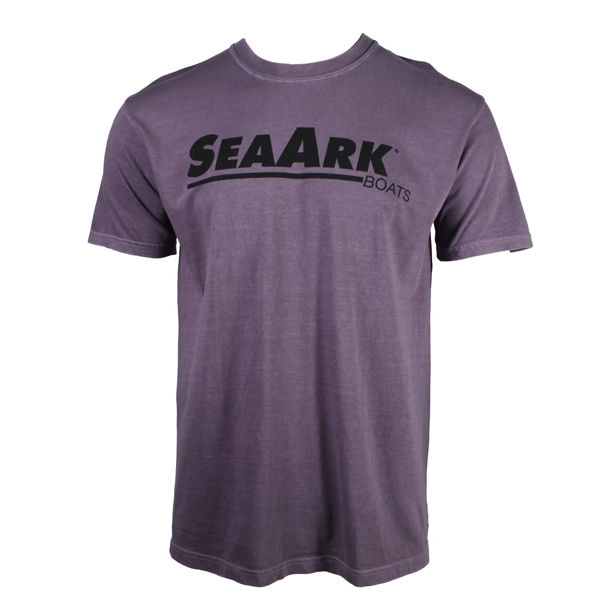 Front of a dull purple T-shirt with a dark purple Sea Ark logo on the chest.