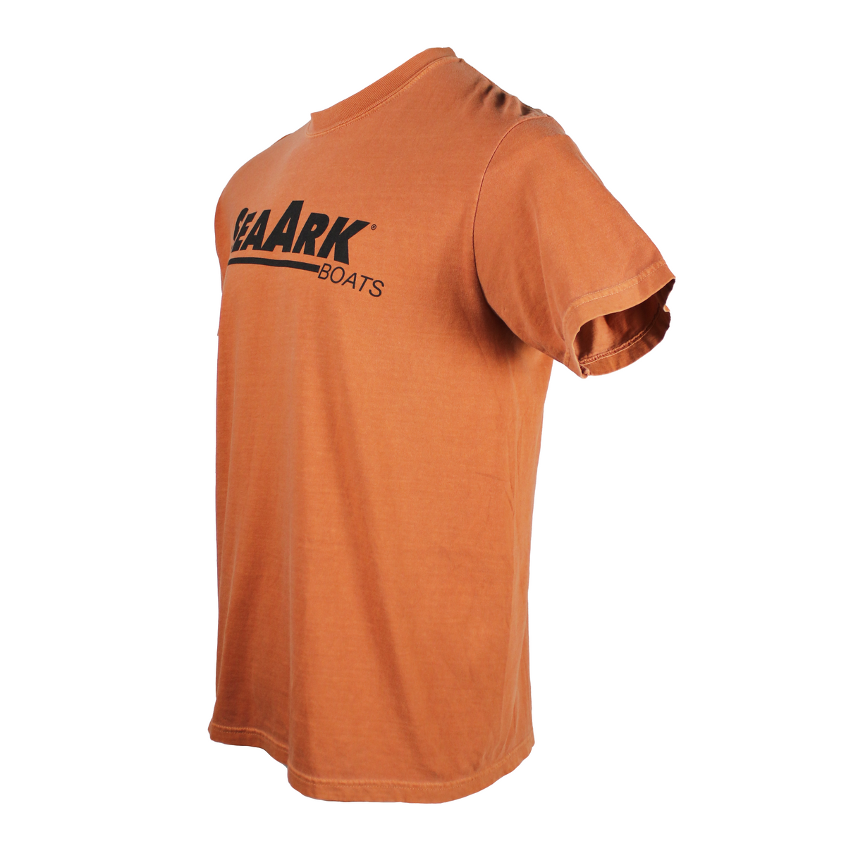Side of an orange short-sleeve t-shirt with a black 'SEAARK BOATS' logo printed on the chest, shown against a plain white background.