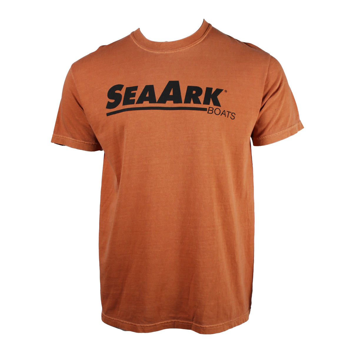 Front of a burnt orange t-shirt with a black sea ark logo printed across the chest.